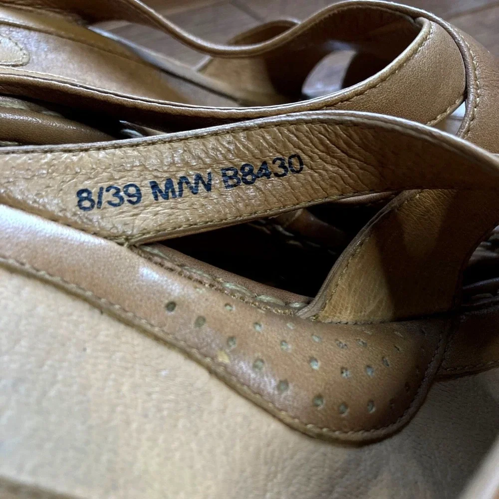 Born Wedge Sandal Womens 8 Tan Brown Leather Slip On 3 inch Heel Slide B8430